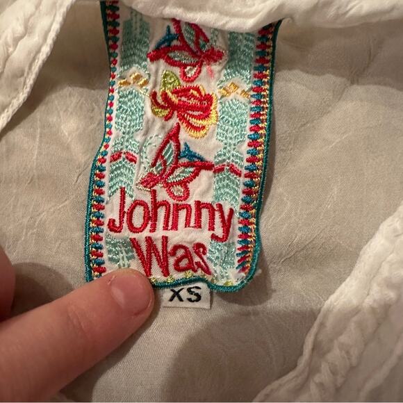 Johnny Was White Silky‎ Embroidered 1/4 Button Short Sleeve Tunic Top Sz XS - Picture 5 of 9